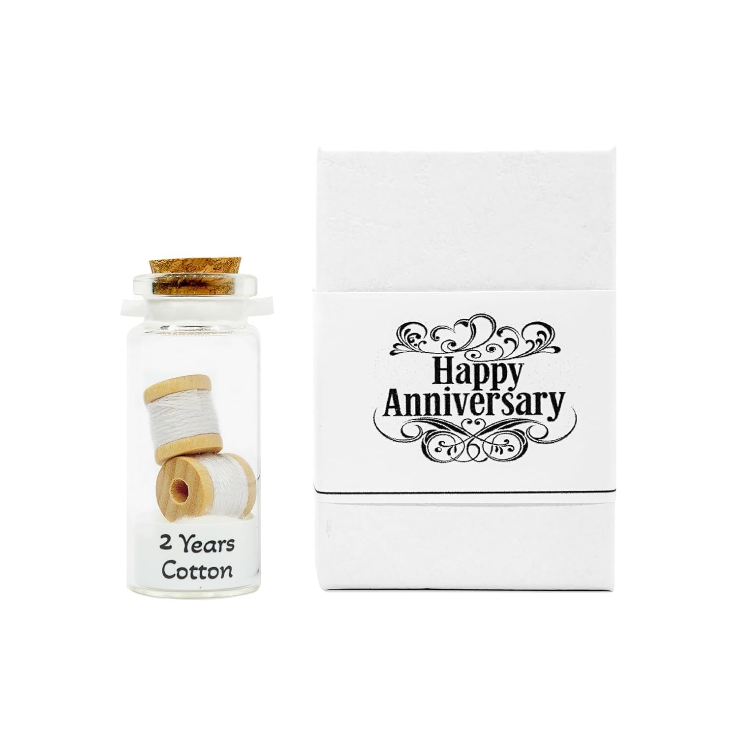 2nd anniversary cotton miniature gift, 2 year wedding anniversary handmade gift, keepsake mini bottle with cotton reels.