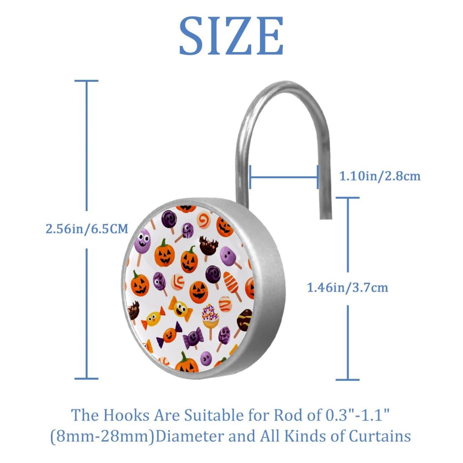 12pcs Glass Shower Curtain Hooks, Rust Resistant Decorative Shower Rings for Bathroom Living Room,Stainless Steel Hooks for Shower Curtain and Liner Rods (Halloween Candy Pumpkin)