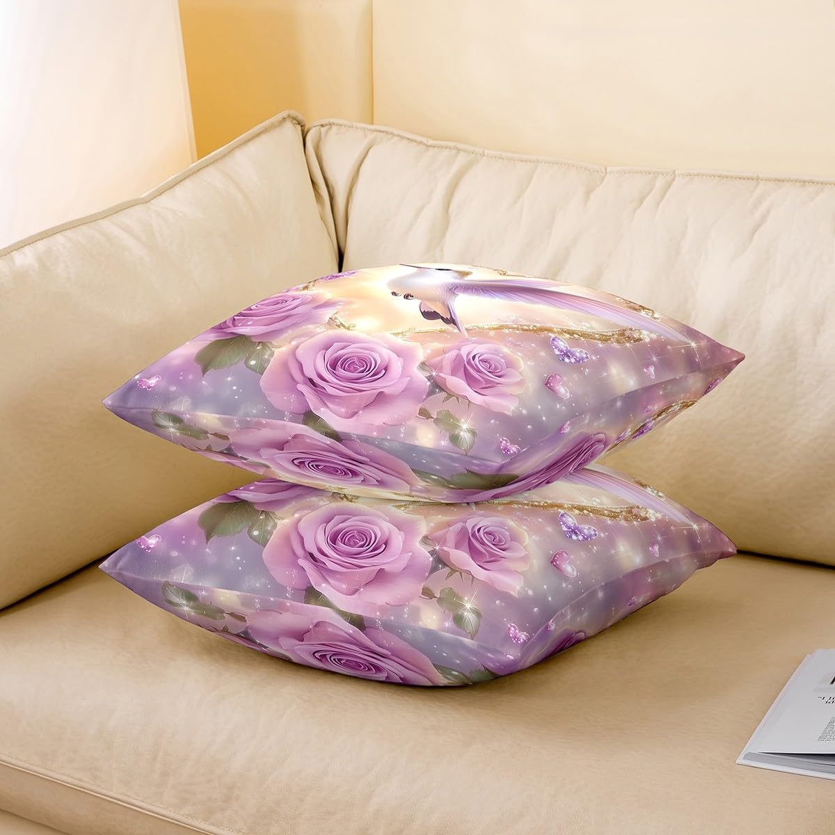 Manfei Hummingbird Throw Pillow Cover Dreamy Blooming Flowers Square Cushion Case Set Romantic Stars Floral Decor Throw Porch Pillows Cases for Couch Sofa Living Room,Soft Pillowcases,24x24 Inches