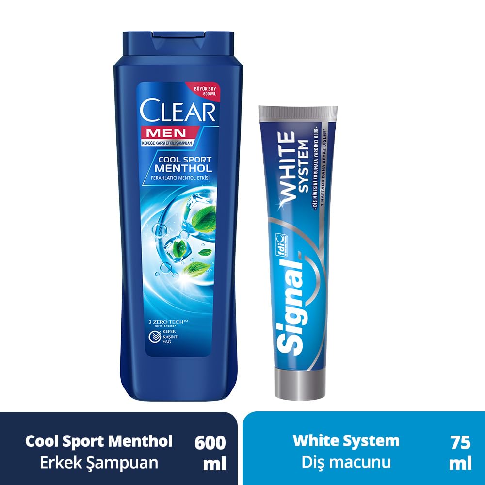 Signal White System Diş Macunu Original 2 Haftada Daha Beyaz Dişler 75 ml x2 + Clear Men Kepeğe Karşı Etkili Şampuan Cool Sport Menthol 600 ml