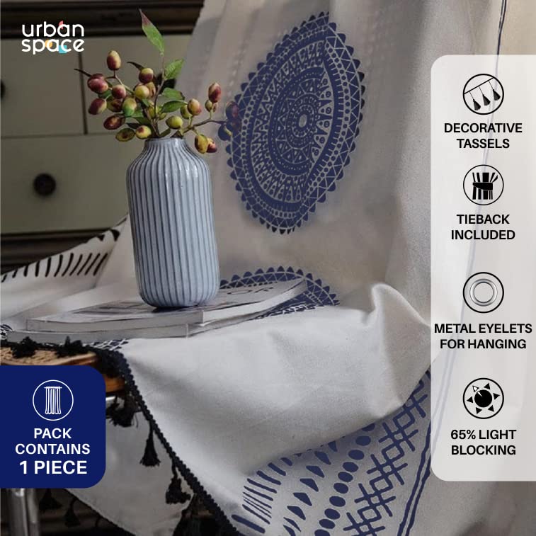 Image of Urban Space Boho Decorative Curtains for Long Door, 100% Cotton Curtain 8 Feet Long, Set of 1 Curtains with Tassels, 60-65% Room Darkening Curtain with Tieback and Eyelets(Trellis Blue, 8 Feet)