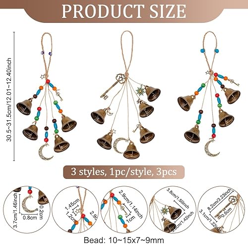 Miniatura 2 de OLYCRAFT 3 Pcs Witch Bells & Keychain Hangers - Moon Key Wiccan Bells Decor with Wood Beads Wind Chimes for Home Decor - 11.8 Inch