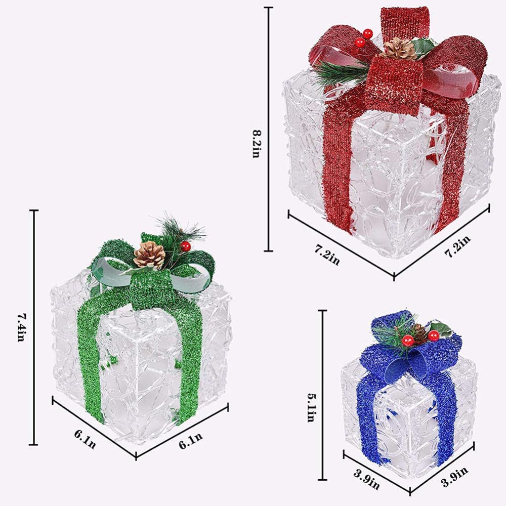 Ozdoby świąteczne pudełka na prezenty, 3 rozmiary Christmas Light Up Zestaw paczek Dekoracyjne światło LED na bożonarodzeniowe podwórko Wystrój domu Ozdoby choinkowe, czerwony + zielony + niebieski