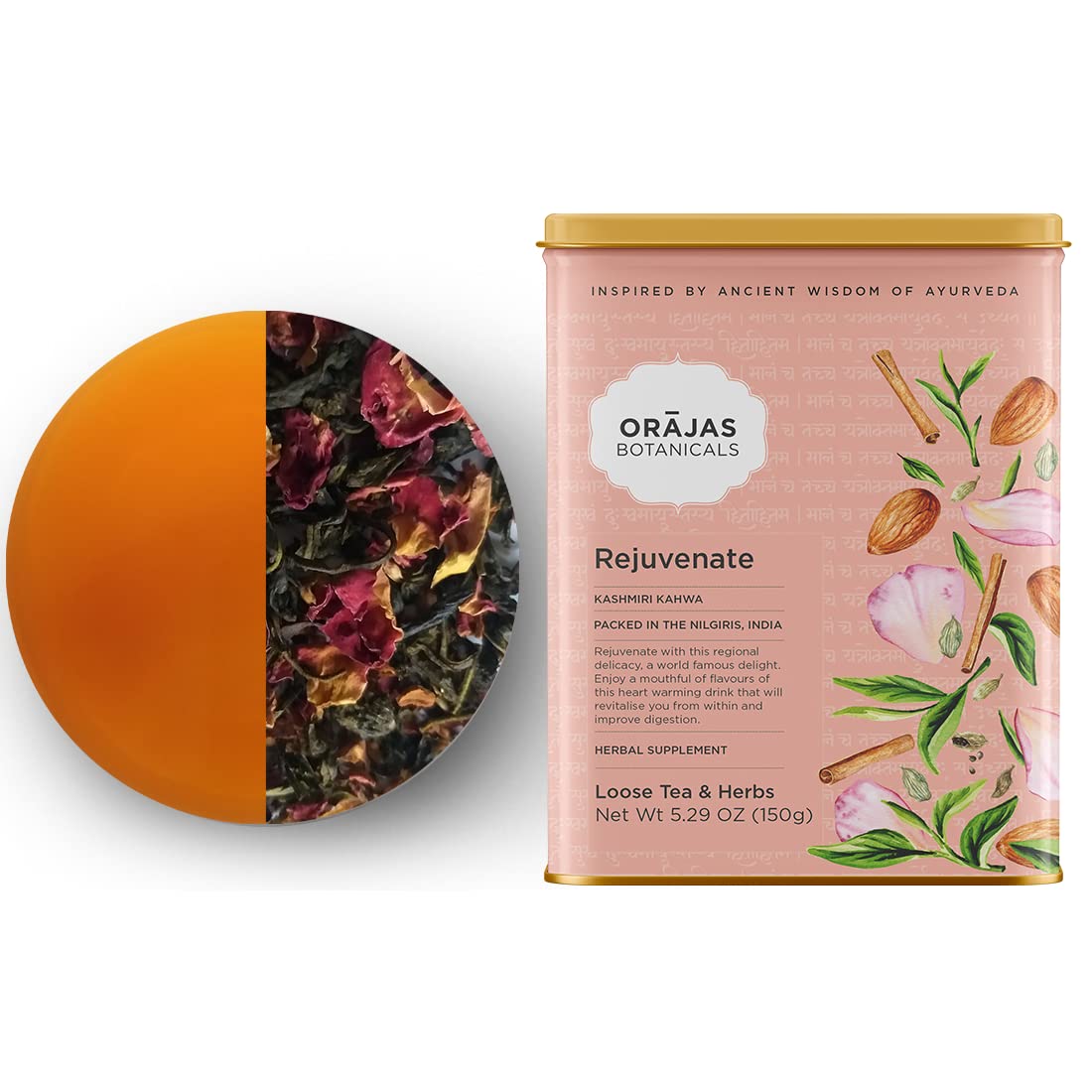 Orajas Kahwa Loose Leaf Green Tea | Rejuvenate Kashmiri Herbal Tea | Saffron, Cardamom, Rose Petals, Cinnamon, Almonds | Spiced Chai Tea - Brew Hot or ICED Tea (5.29 Oz)