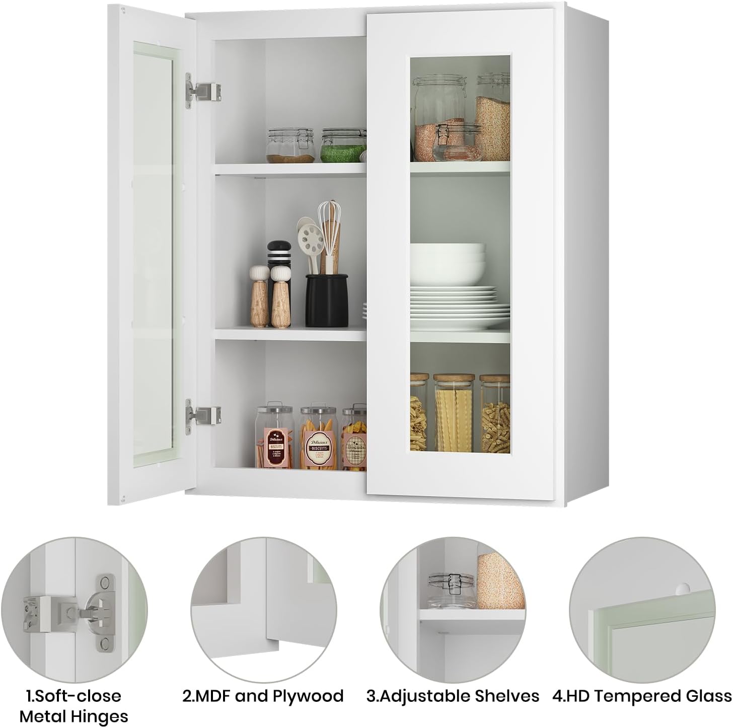 ROOMTEC RTA Wall Mounted Soft Close Cabinet with Tempered Glass Doors, Floating Storage Cabinet with Adjustable Shelves & UV Coated Finish, for Bathroom Kitchen Laundry Living Room