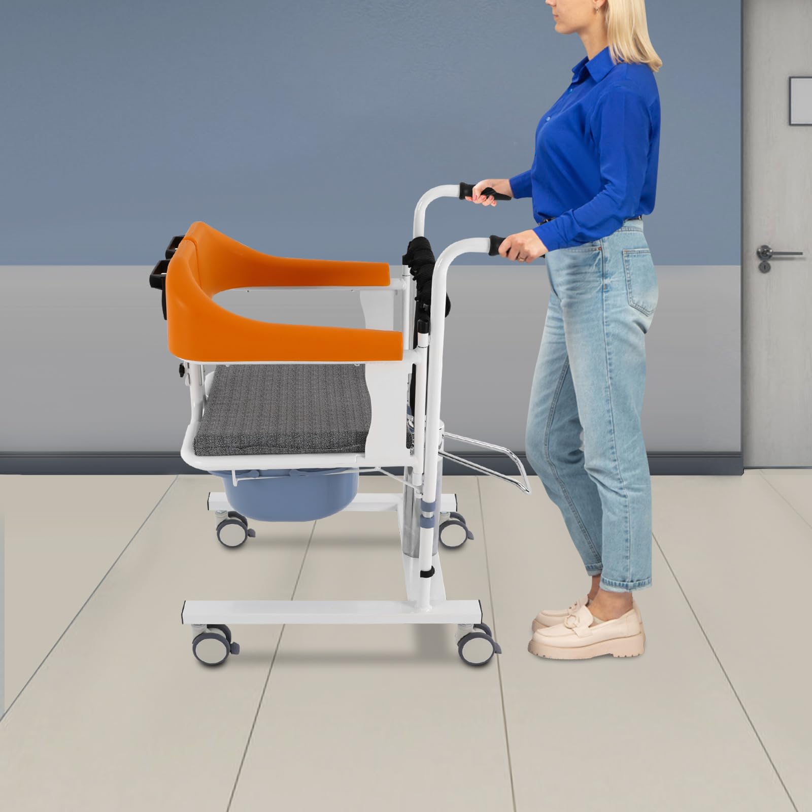 Sollevatore idraulico per pazienti con quattro ruote in TPE, per anziani con ruote, capacità di carico 100 kg, con secchio in ABS, maniglie antiscivolo, schienale rimovibile (arancione)