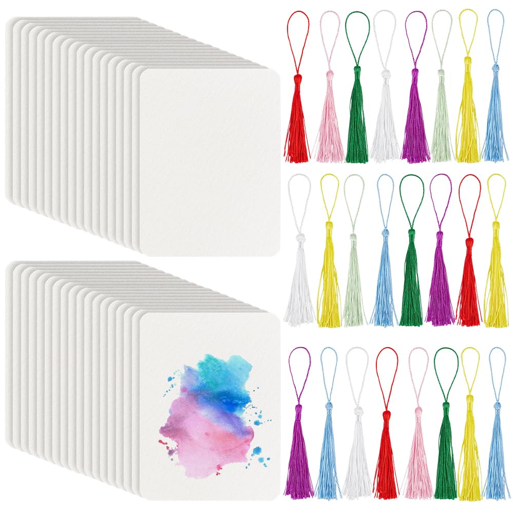 BENECREAT 50 Packs Artist's Tiles, 8.8x6.4cm Zentangle Paper Tiles, Blank Cards with 25 Tassels