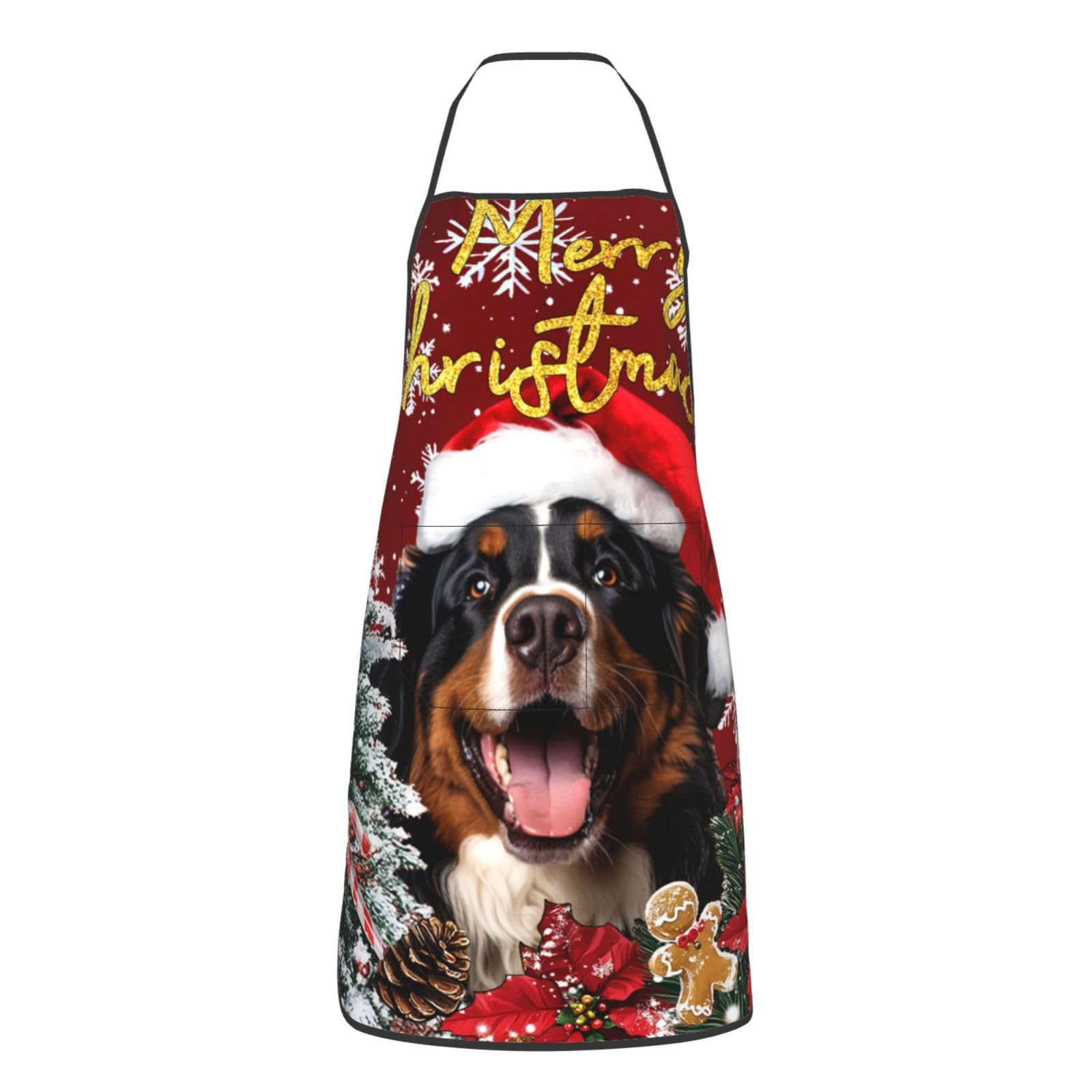 nopicsn Merry Christmas Bernese Mountain Dog Apron for cooking with Pockets Women Men Kitchen Chef Funny Aprons