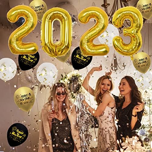 Happy New Year Party Decorations 2023 - Black and Gold Happy 2023 New Year Backdrop, Number 2023 Foil Balloons, Winebottle, Star, Round Foil Balloons, New Year Eve Party Supplies