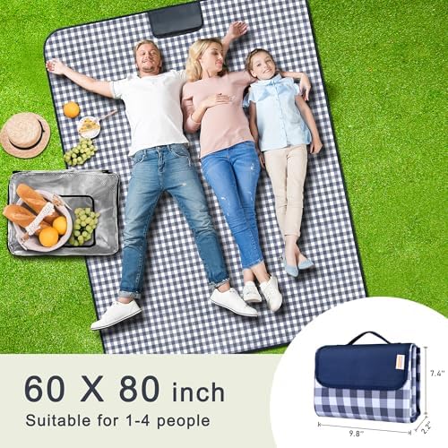 SAMSIER Large Outdoor Picnic Blankets Waterproof Foldable, Beach Blanket Sandproof Portable, Cute Picnic Mat Washable (Navy Blue, 60"×80") - 1