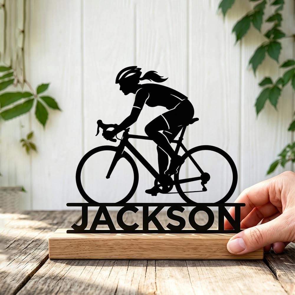 Custom Cyclist Metal Sign with Wooden Base Personalized Cycling Table Decor image 4