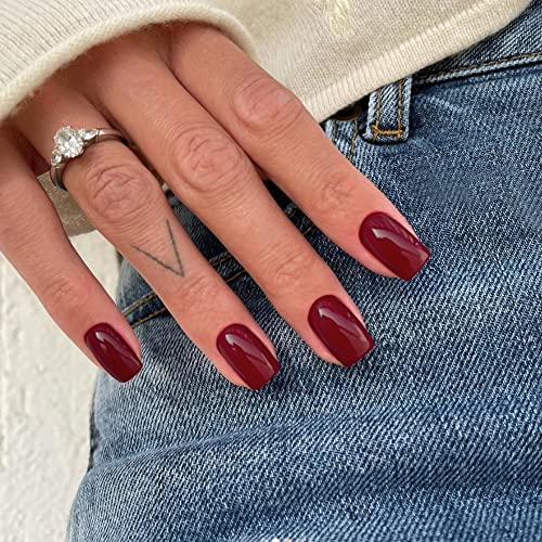 Dark Red Press on Nails Short,KQueenest Solid Color Glue on Nails Super Fit & Natural Reusable Acrylic Nails Kit Fake Nails Set in 24 PCS