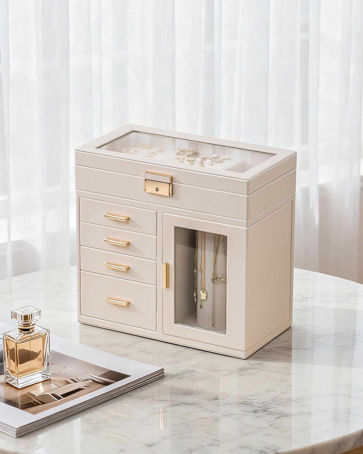 CASEGRACE 5 Layer Jewelry Box with 360° Rotating Necklace Holder, Clear Glass Lid Jewelry Organizer with 4 drawers for Earrings, Rings, Bracelets, Watches, Necklaces, Beige