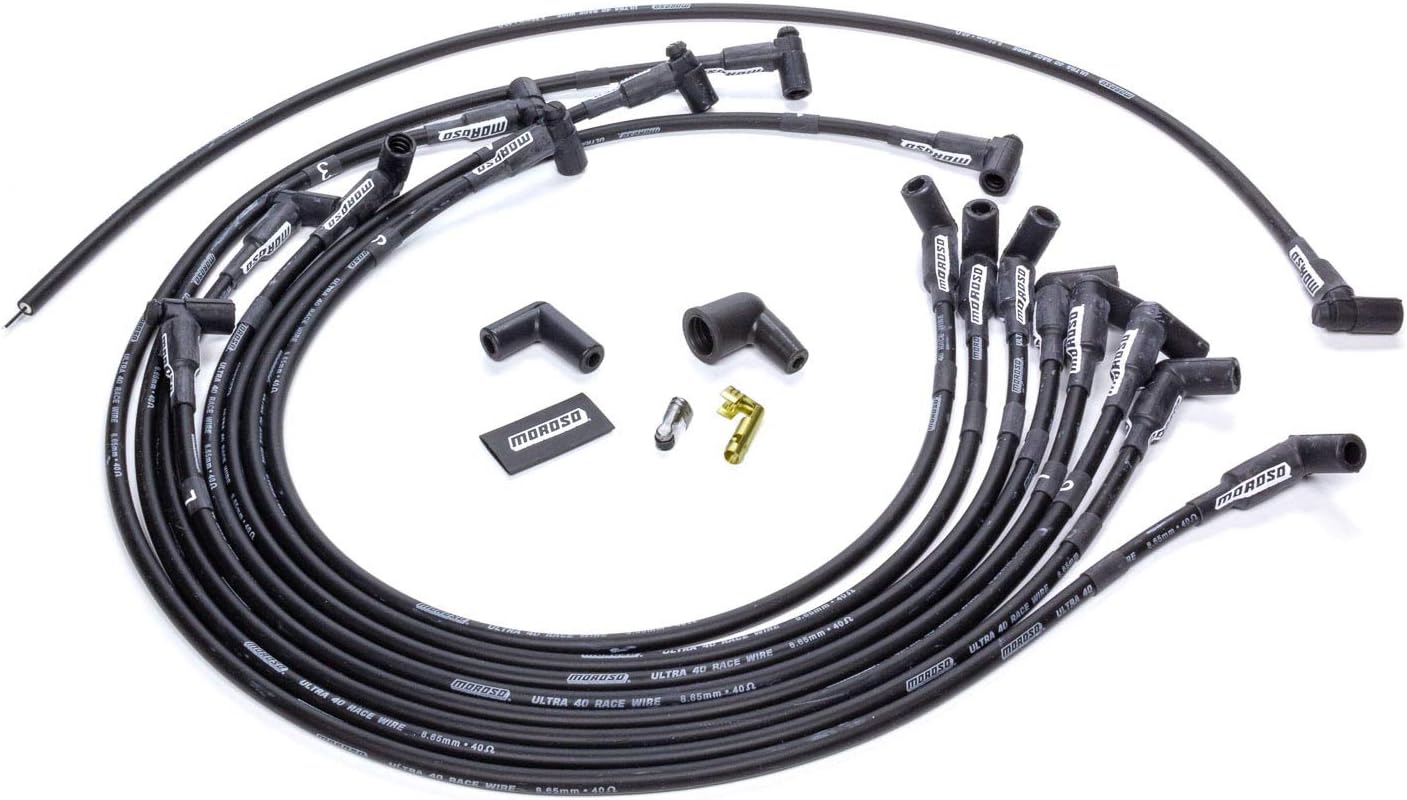 Moroso 73712 Ultra 40 Black Spark Plug Wire Set, Fits Big Block Chevy Engines, Under Header Routing, 90 Degree Plug Ends, HEI Distributor