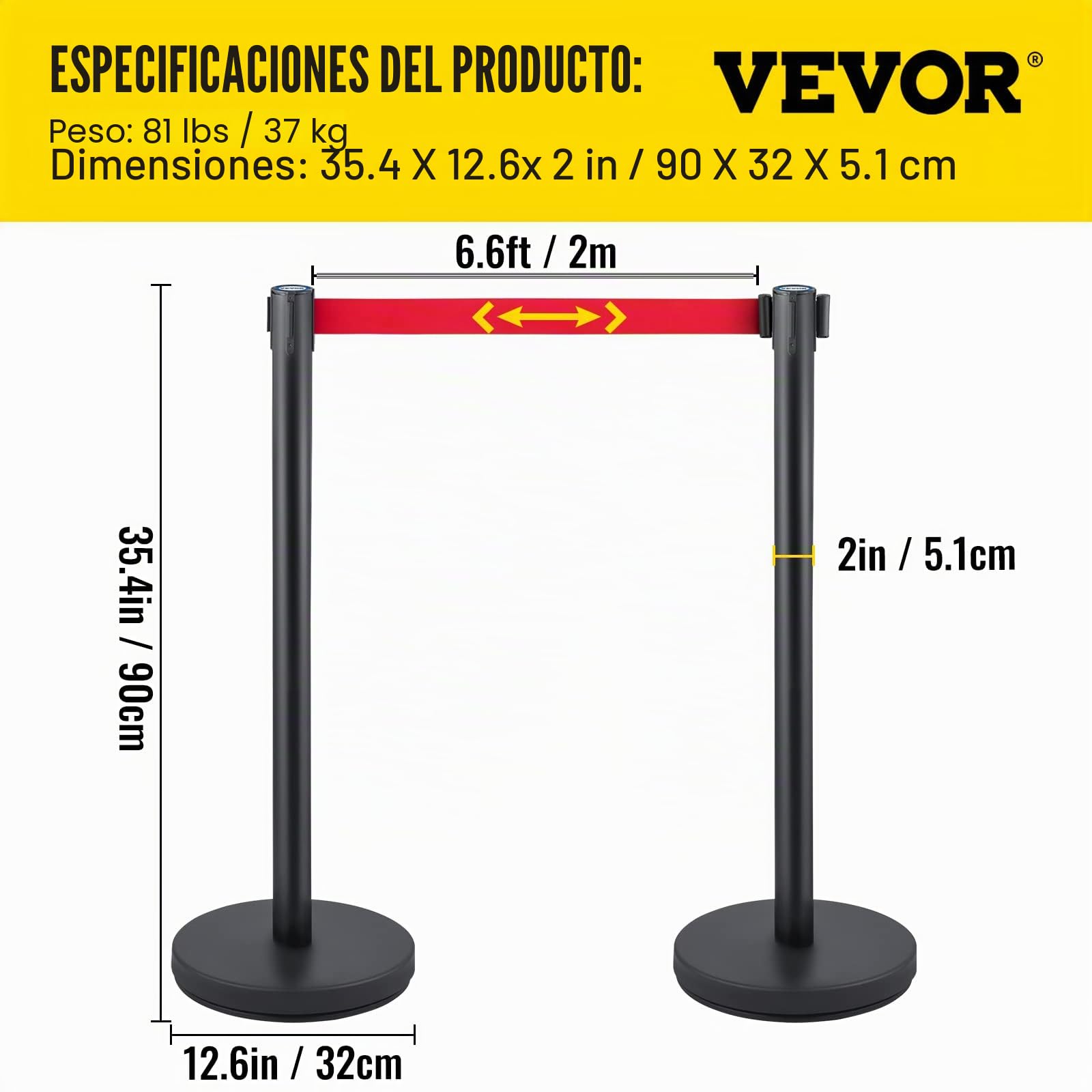 VEVOR Postes Separadores 6 piezas Altura 90 cm Negros Poste Separador con Cinta Extensible de 2 m Roja Conexión de 4 Vías Diámetro de Base 32 cm Postes de Barrera de Control de Multitudes Retráctiles