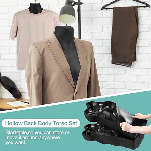 Miniatura 6 de Torso de maniquí masculino y femenino con soporte de vestido negro, maniquí con espalda hueca, conjunto de torso de cuerpo medio para exhibición de
