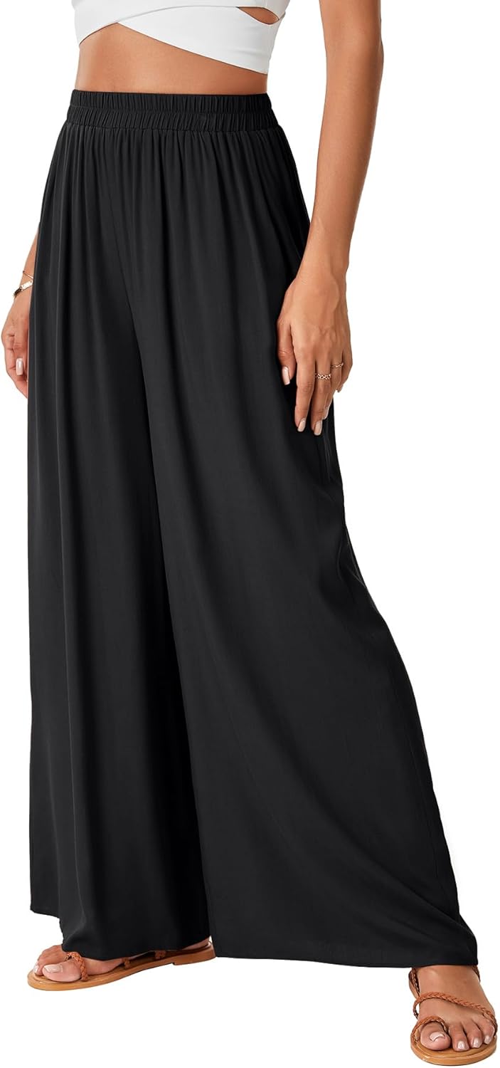 Rooscier Women's Wide Leg Elastic High Waist Flowy Lounge Trousers Maxi Pants with Pockets - Image 3