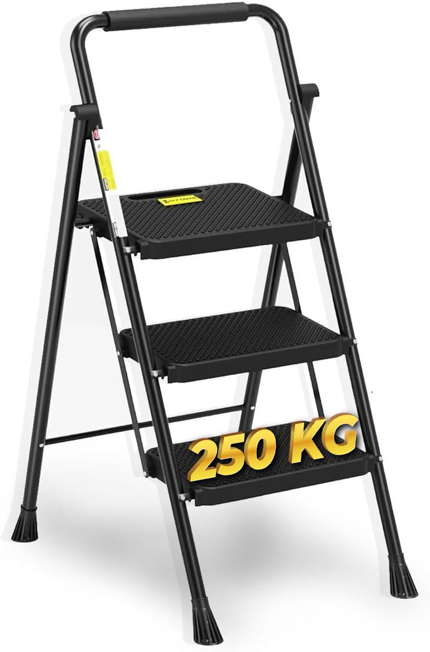 HYTAMA TOOLS Escalera Plegable 3 Peldaños, Estructura de Acero con Pies Antideslizantes, Capacidad de Carga Probada hasta 250kg, Negra
