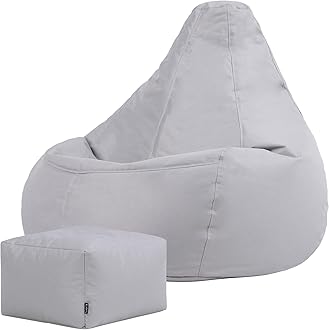Bean Bag Bazaar Dalton Gaming Bean Bag and Footstool, Grey, Water Resistant Fabric, Large Outdoor Beanbag with Filling Included, Gaming Chair, Outdoor Seating, Garden Furniture