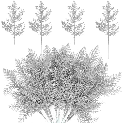 MWOOT 16 Piezas Ramas de Pino Artificiales con Purpurina, Falsas Agujas de Pino Navidad Plata, Púas de Vegetación para DIY Manualidades Guirnalda Árbol de Navidad Mesa Decoración del Hogar y Jardín