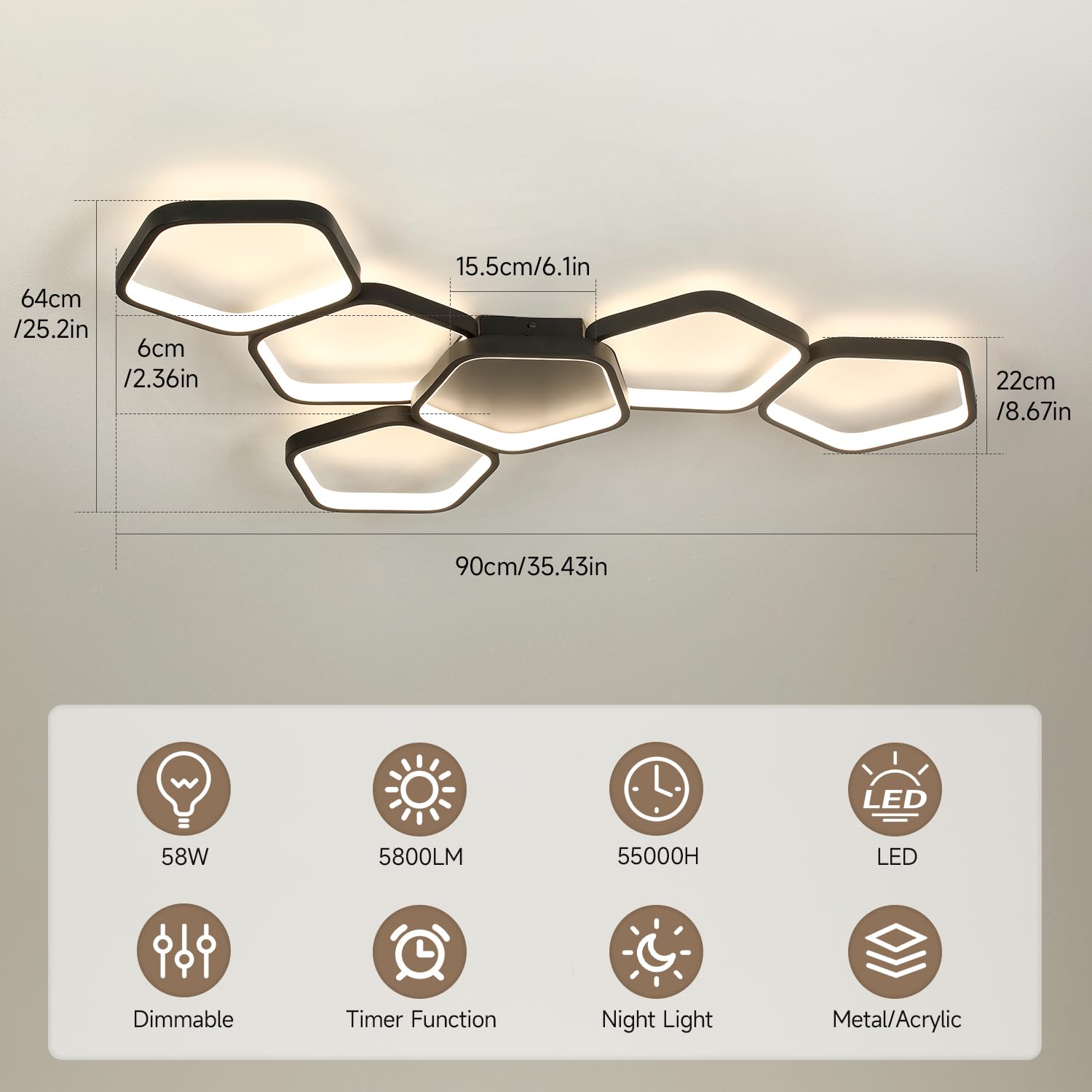 Lampara Techo Salon Regulable: 58W 3000k - 6500k Plafon LED Techo Moderna con Control Remoto y App para Dormitorio Cocina Comedor,Negro(90CM)