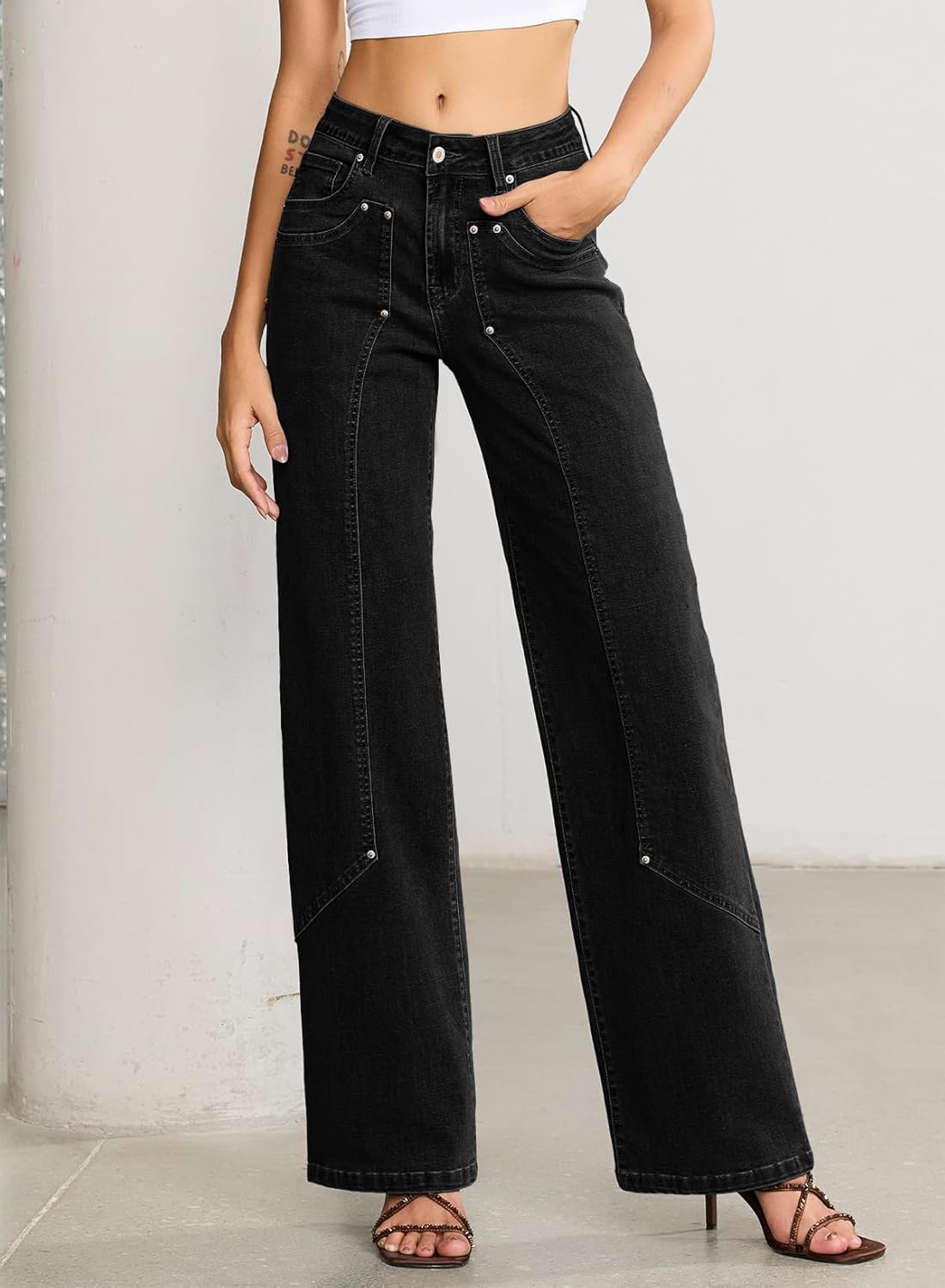 Sidefeel Women's Wide Leg Jeans High Waisted Stretchy Seamed Panel Denim Pants - Image 4