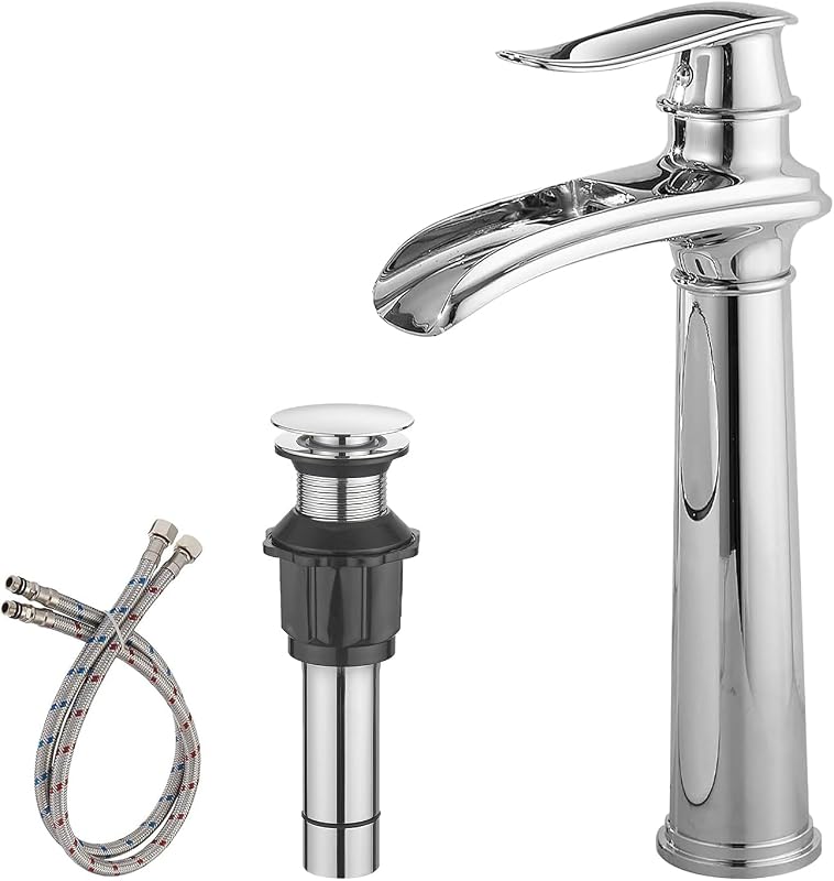 BWE Bathroom Vessel Sink Faucet Waterfall Spout Single Handle One Hole | Solid Brass Deck Mount Lavatory Mixer Tap Lavatory Vanity Sink Faucet with Pop Up Drain and Supply Lines Chrome