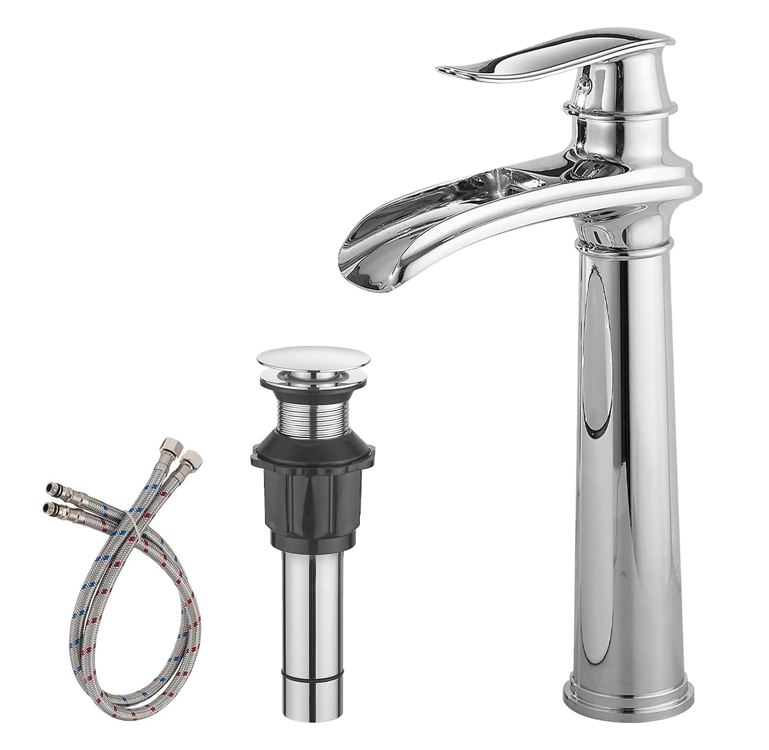 Sxithgkdw Chrome Bathroom Vessel Sink Faucet Waterfall Spout Single Handle One Hole Solid Brass Deck Mount Lavatory Mixer Tap Lavatory Vanity Sink Faucet With Pop Up Drain And Supply Lines