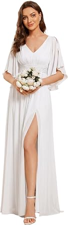 Ever-Pretty Womens Elegant V Neck Chiffon Half Sleeves Slit A Line Floor Length Fall Winter Formal Bridesmaid Dress 01886