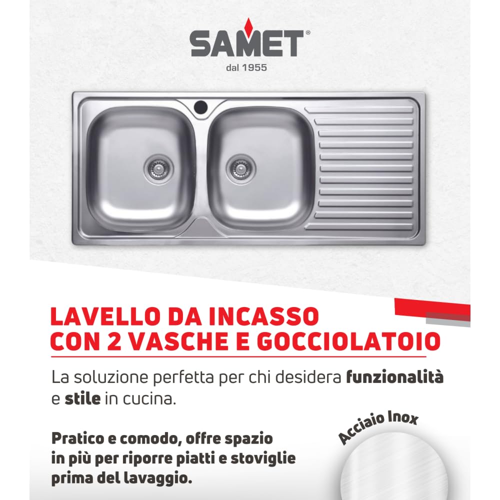 Lavello cucina due vasche acciaio da incasso gocciolatoio a dx 50x116 cm