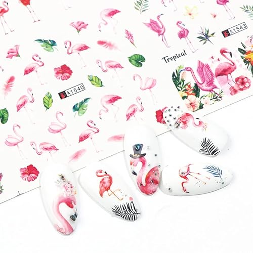 Flamingo Nail Art Stickers Water Transfer Nail Decals For Nails Art Summer Coconut Tree Palm Leaves Design Acrylic Nail Stickers Manicure Nail Diy Decoration For Women 12 Sheets #TOP5