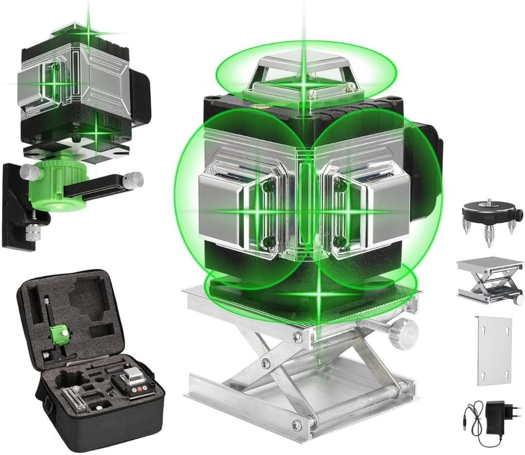 Livella Laser Autolivellante 360° 16 Linee con Treppiede – Livello Laser Professionale con 2 Batterie, Telecomando e Valigetta, Precisione ±1mm per Edilizia e Installazioni
