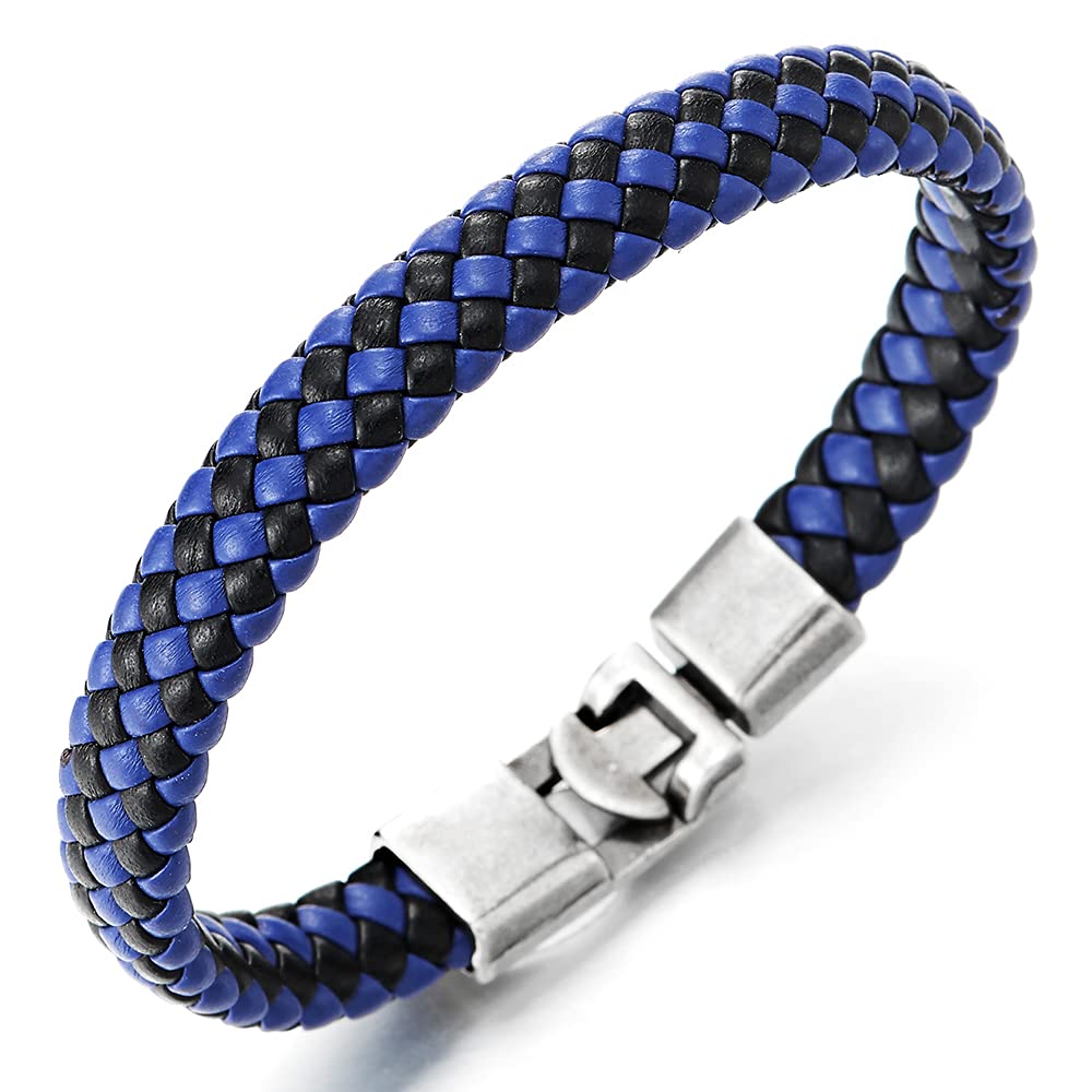 COOLSTEELANDBEYONDTrenzado Cuero Pulsera de Hombre Mujer, Cuero Genuino Negro, Vintage Gancho Cierre