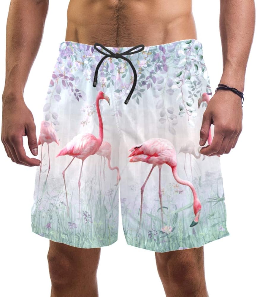 Pink Flamingos in Garden Swim Shorts for Men Swim Trunks Men’s Bathing