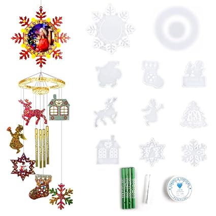 Christmas Wind Chimes Resin Molds Silicone Kit Bundle, Xmas Snowflake Christmas Socks Reindeer Snowman Epoxy Mold Wind Bell Silicone Moulds for Home Outdoor Indoor Decorations DIY Crafts