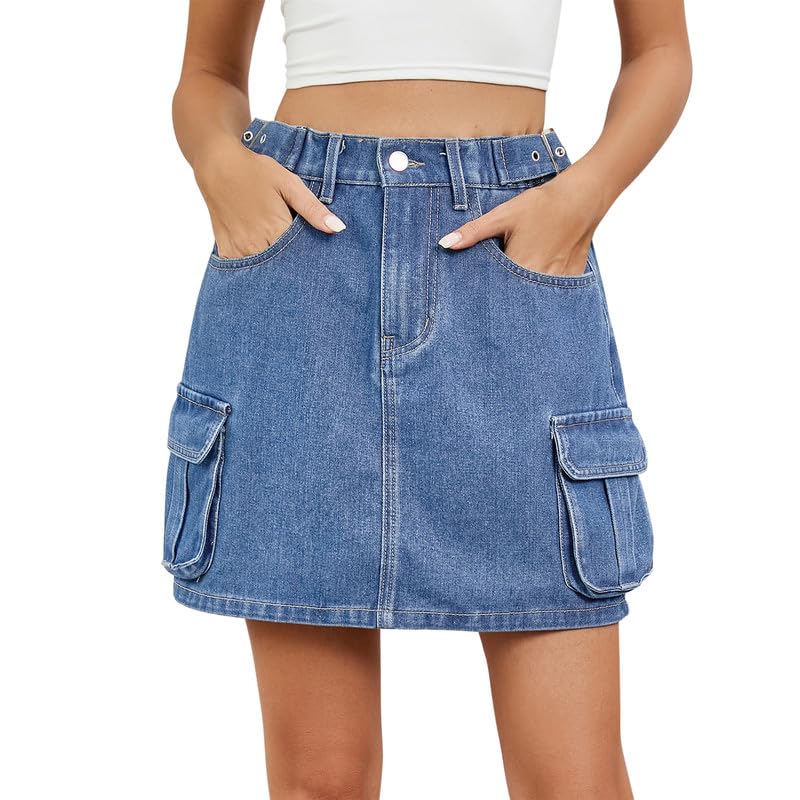 Denim Cargo Skirt Women Y2K Elastic Waist Mini Jean Skirt Adjustable Waist A-line Summer Short Skirts with Pockets S-XXL/UK 8-18