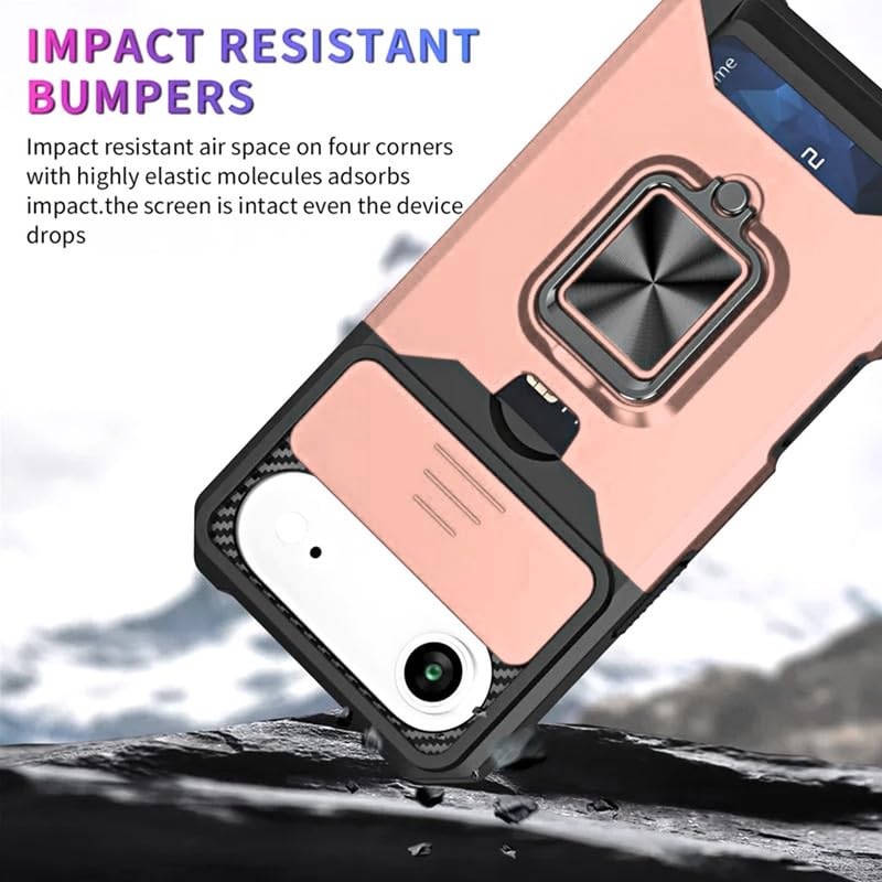 Image of LuxuryKase Shockproof Armor Case for iPhone Air | Slide Camera Cover | Hidden Card Slot | Rotating Ring Kickstand | Magnetic Car Mount Support | Military Grade Protection - Rose Gold