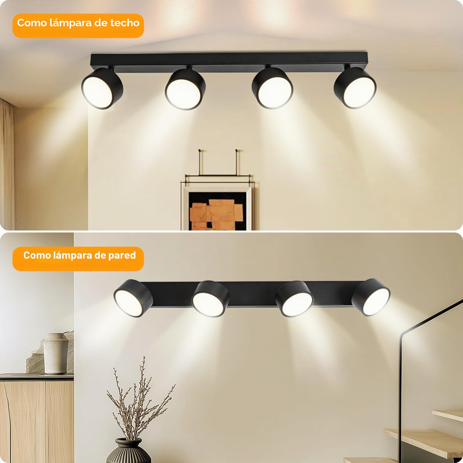 Plafones LED Lámpara de Techo 4 Focos Orientable, Plafones de Techo Negro LED Foco de techo 28W Blanco Cálido 3000K Plafón Pared Interior Moderno Para Cocina Pasillos Salón Dormitorios
