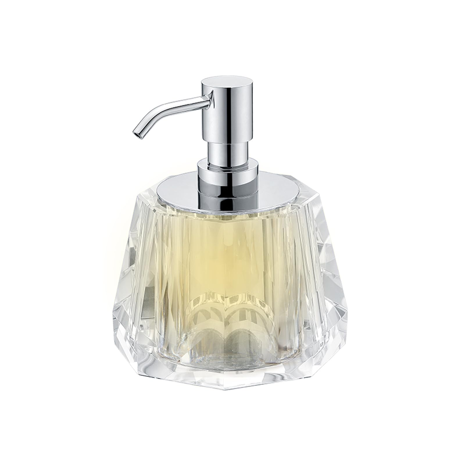 Płynu Kristallen glazen zeepdispenser 250 ml / 8,4 oz Lotiondispenser met messing gegalvaniseerde pompkop Moderne decoratieve handzeepdispenser voor hotelbadkamer biura