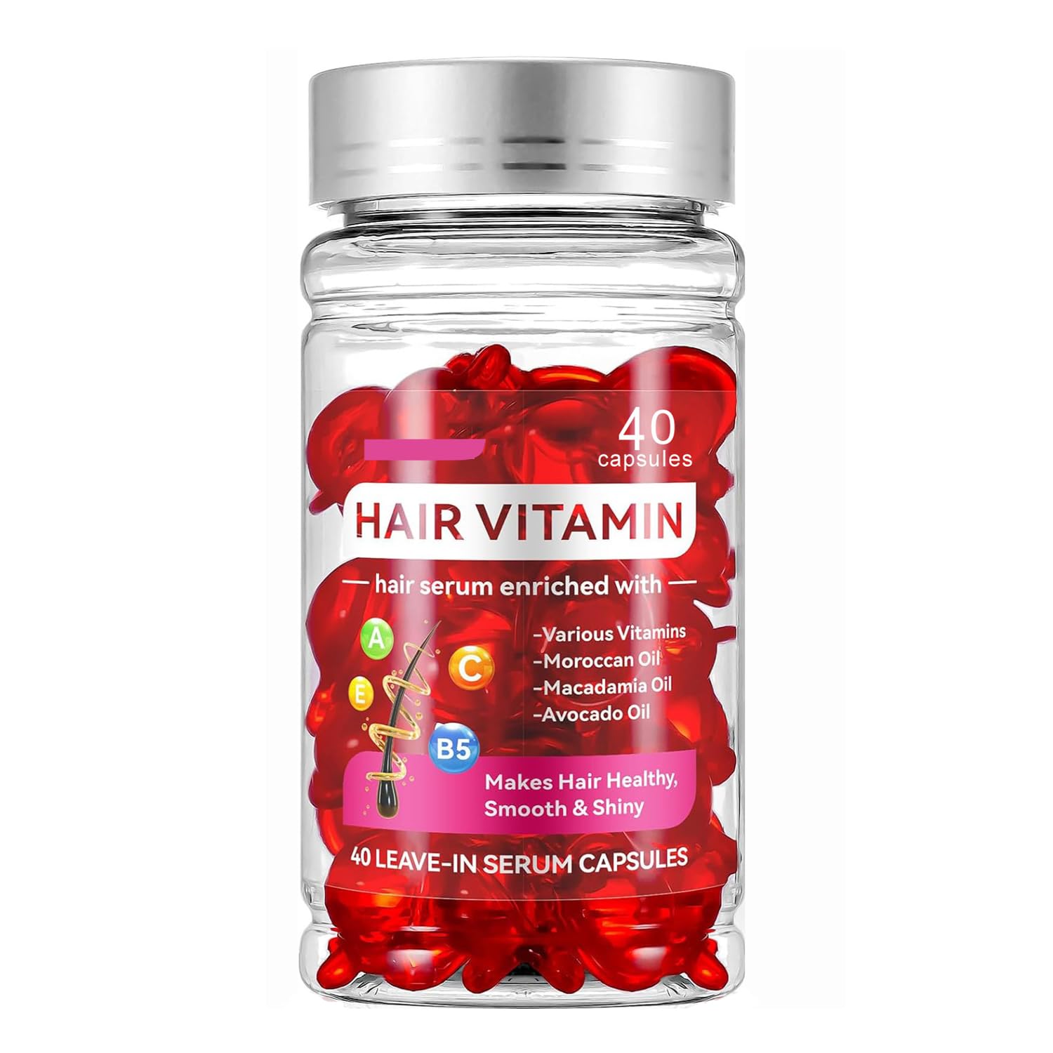 Hair Treatment Serum,Vitamins A C E Pro B5,No Rinse Essence for Frizzy and Dry Damaged Hair,with Argan Avocado & Moroccan Oil (40 Capsules)