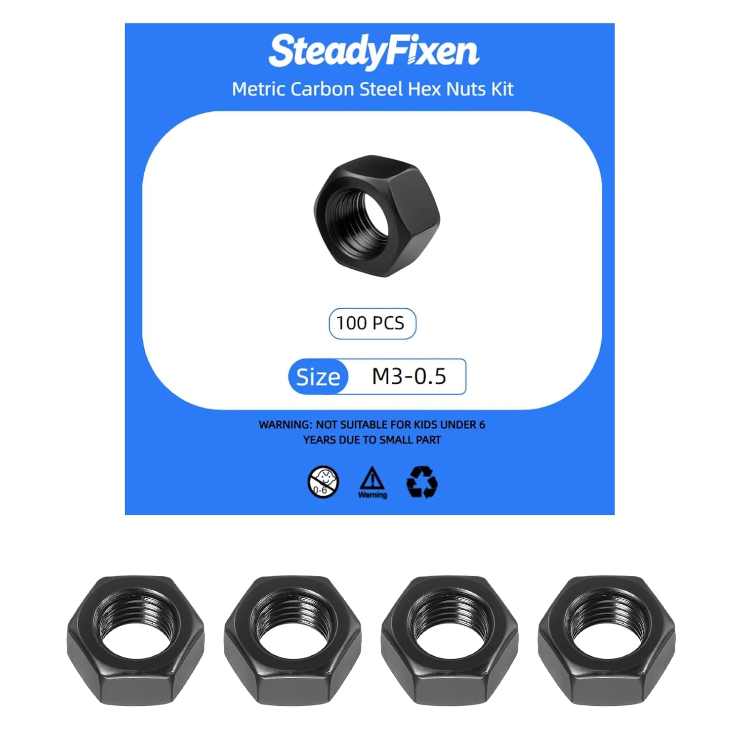 100 Pcs M3×0.5 Hex Nuts, 8.8 Grade Black Finished Carbon Steel Fasteners