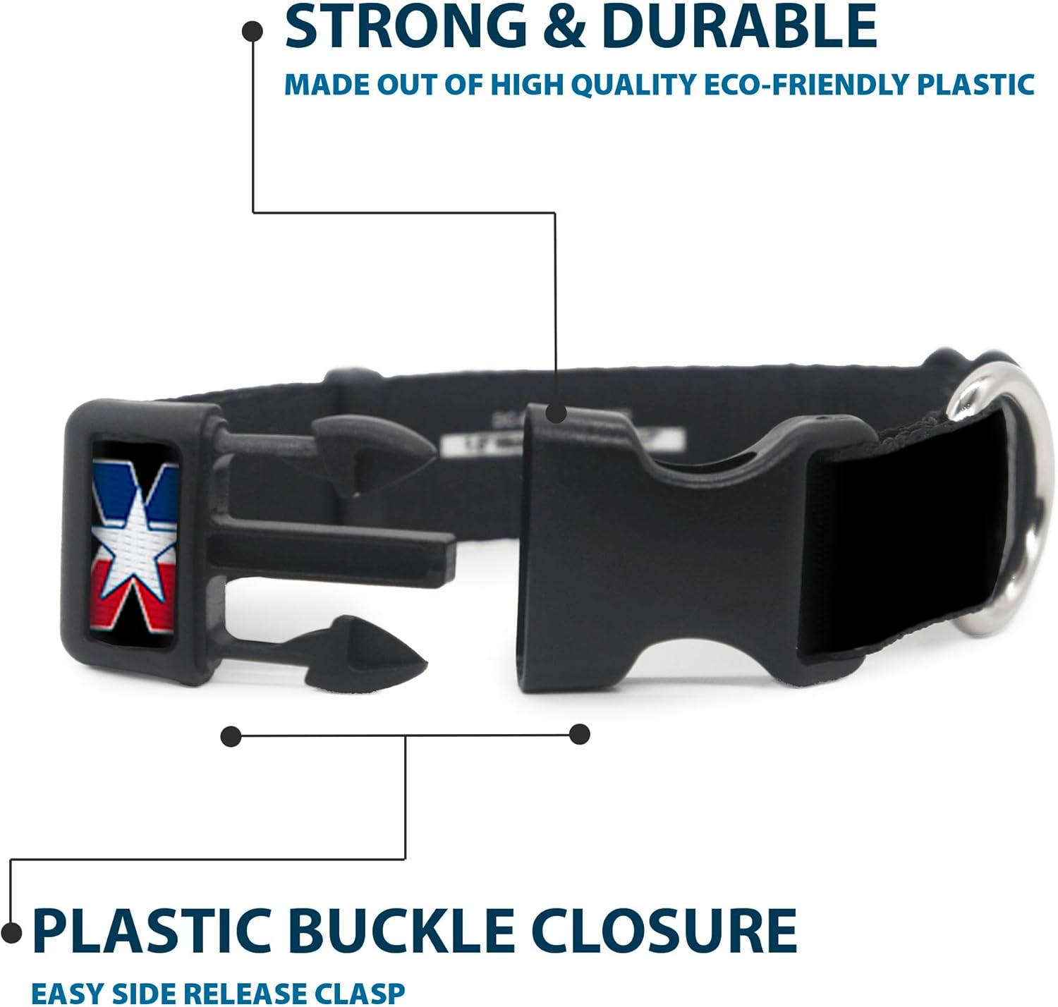 Buckle-Down Plastic Clip Collar - TEXAS w/Star Black/White/Blue/Red - 1.5" Wide - Fits 18-32" Neck - Large