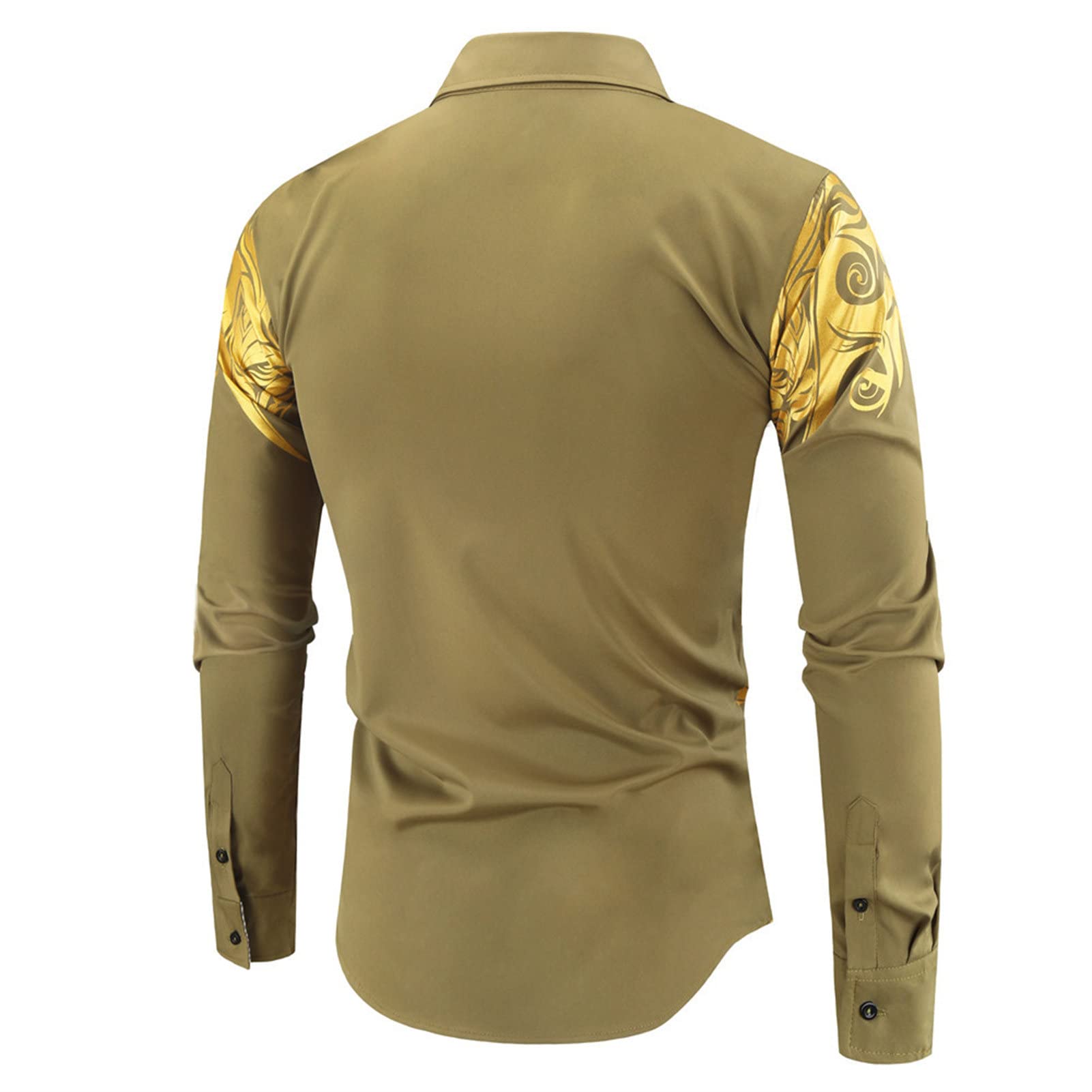 Maiyifu-GJ Mens Print Button Down Dress Shirt Shiny Golden Printed Long Sleeves Shirts Casual Floral Nightclub Shirt Costume (ArmyGreen,X-Large)