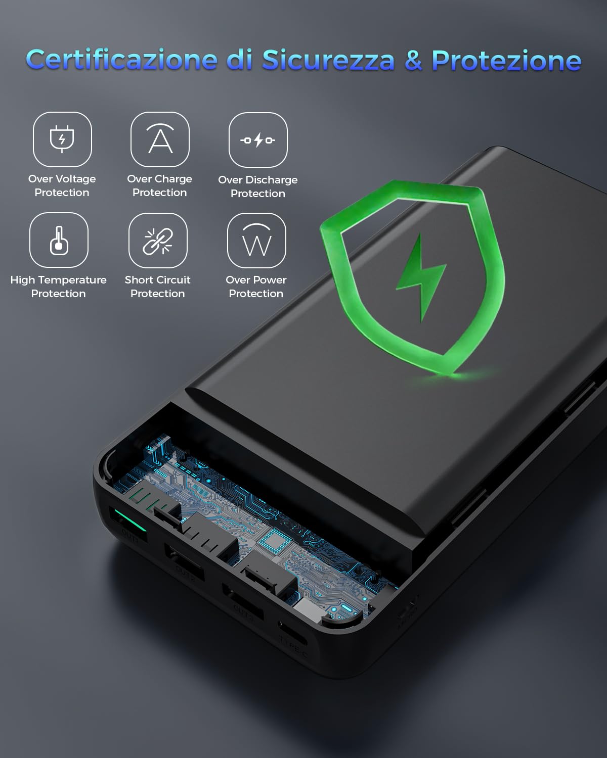 Power Bank 60000mah Caricatore Portatile | PD3.0 QC3.0 Ricarica Rapida, Ingresso e Uscita USB-C, 4 Uscite e 2 Ingressi, Batteria Esterna per iPhone e Altro