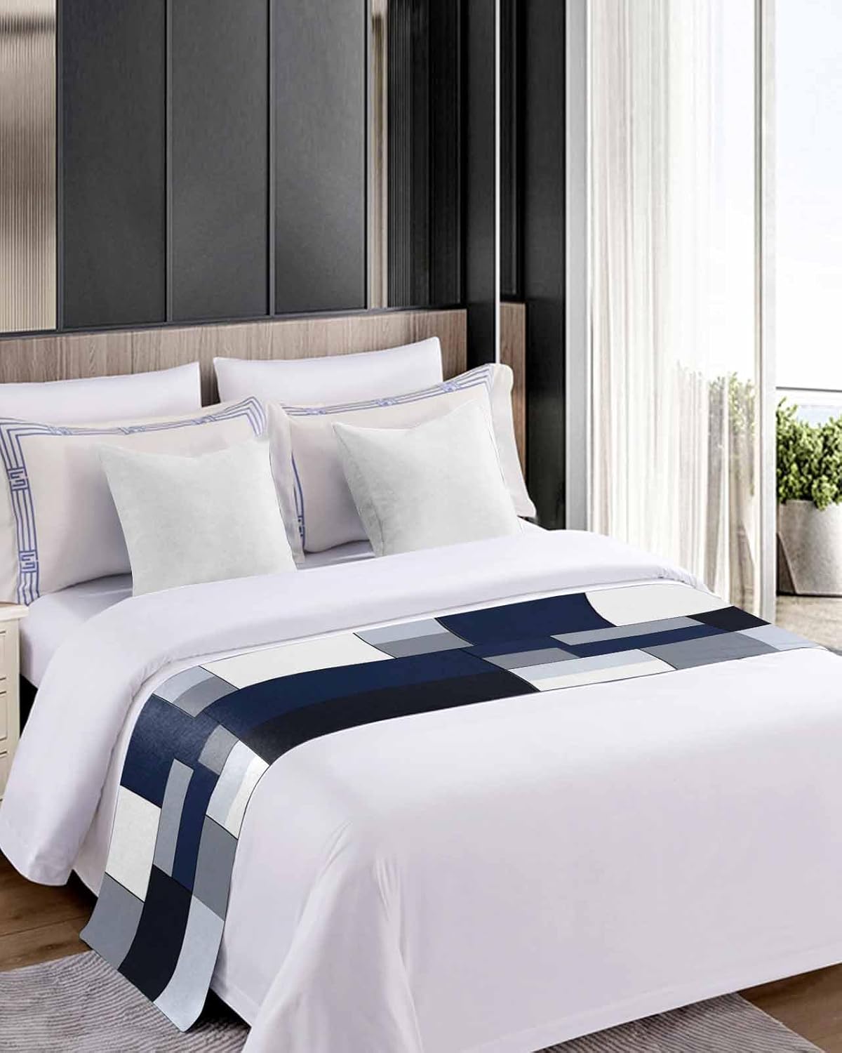 Abstract Blue Gray Black Patchwork Bed Runners for Bedroom Hotel,Decorative Bedding Scarf Minimalist Modern Art Bed End Blanket Bedding Runner Scarves for Queen Size Bed,94x20in