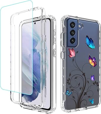 Case for Galaxy S21 5G / SM-G991U with Tempered Glass Screen Protector, Full Body Floral Design Protection Hard Shell+Soft TPU Cover Case for Samsung Galaxy S21 5G Tree Butterfly