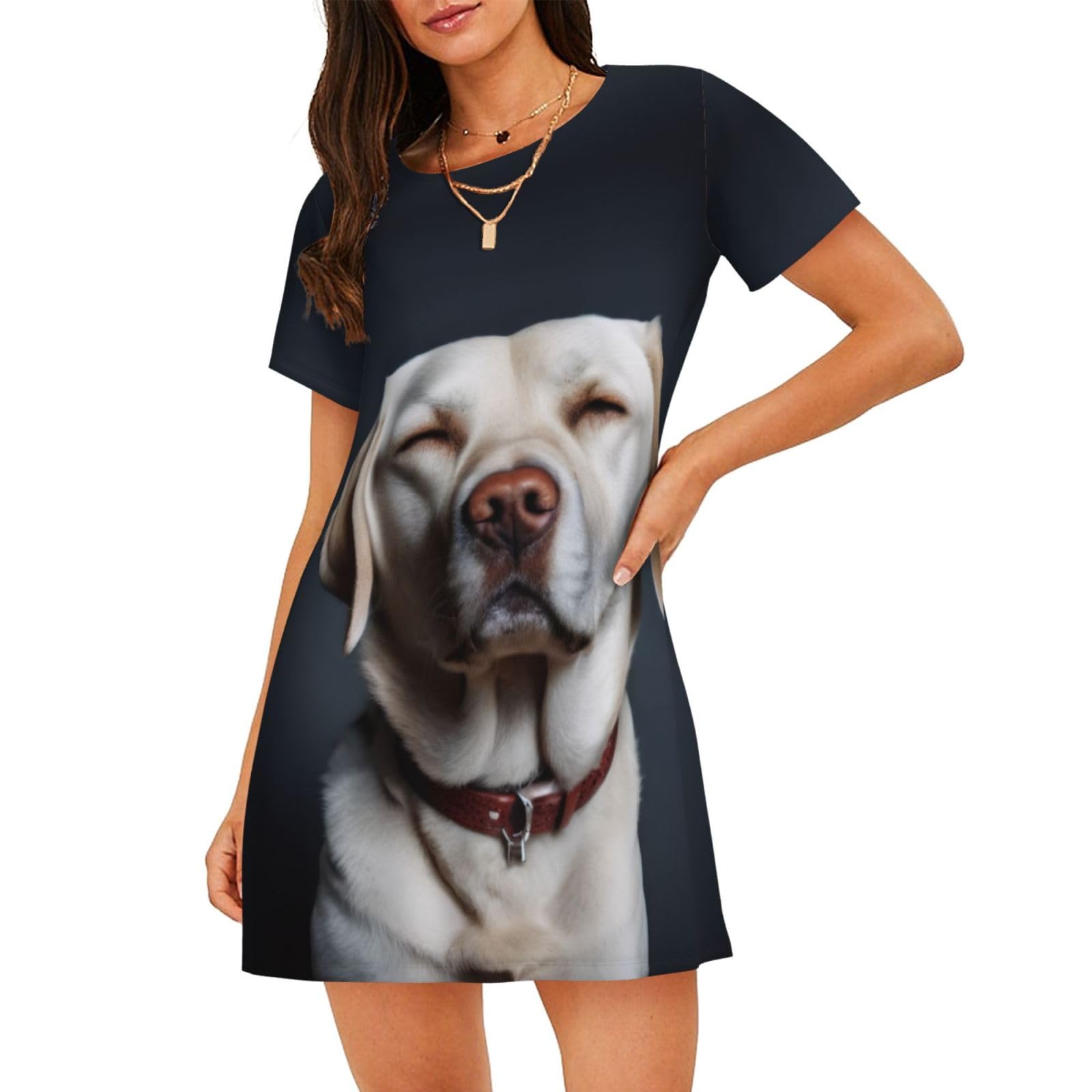 Women'S Nightdress Short Sleeve Nightgown Cute Labrador Dog 3d Print - Soft Comfy Casual Sleepwear, Breathable & Lightweight Summer Sleepshirt