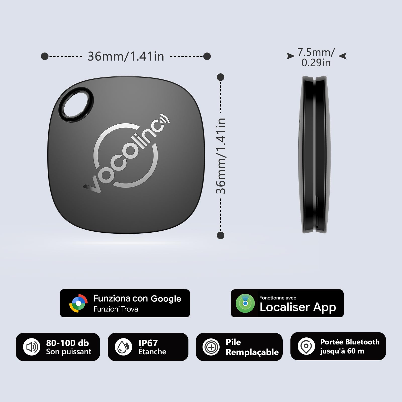 VOCOlinc Android Smart Tag Lot de 4 Double Système, Air-tag Traceur Fonctionne avec l’app Localiser Apple et Google, Tracker Localisateurs D’Objets pour Valise/Clés/Sacs/Bagages, Batterie Remplaçable