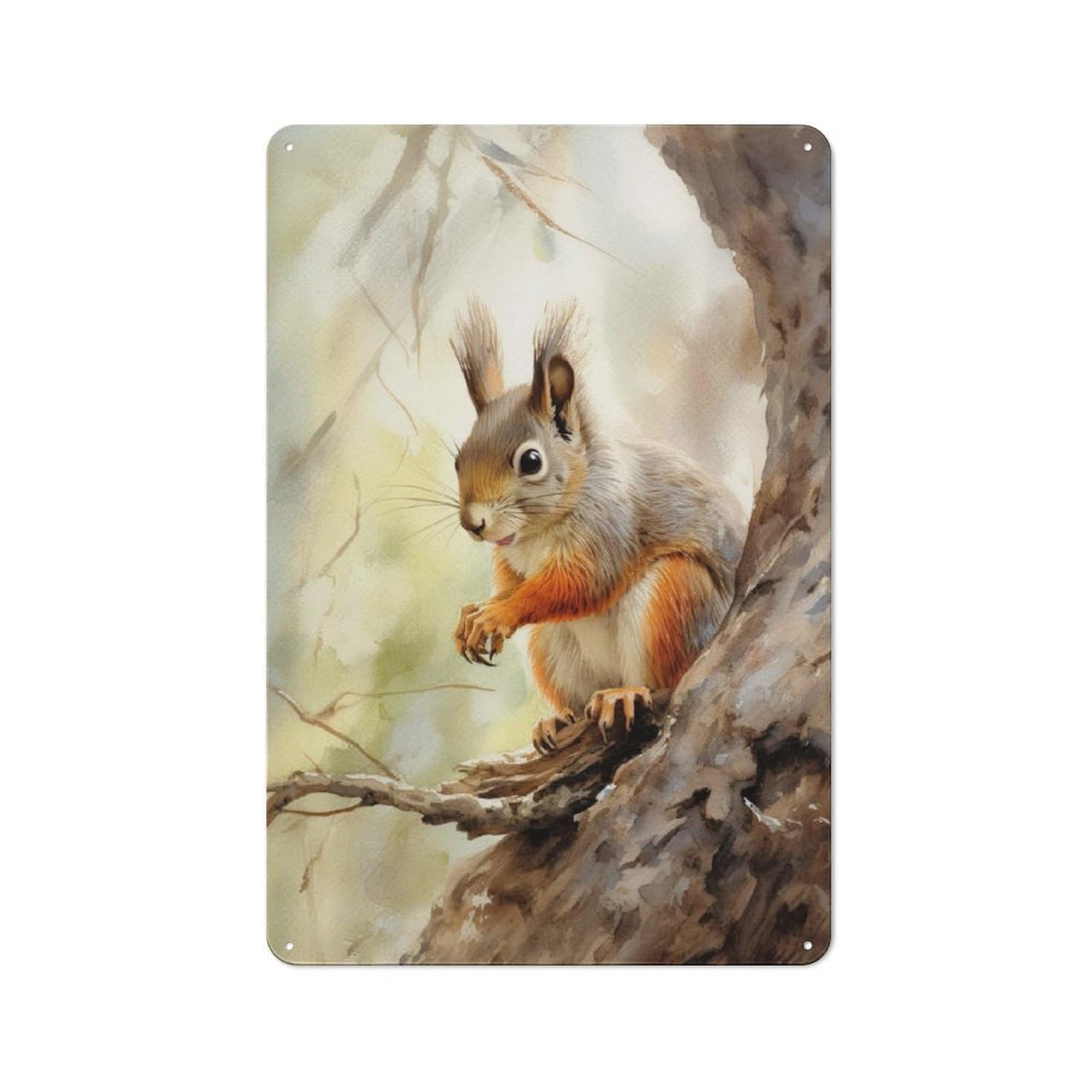 Squirrel Watercolor Industrial-style Tin Sign 30x20cm for Living Room Wall, for Metal Sign Collectors, for Garage And Workshop Walls