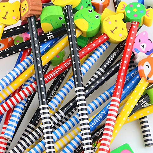 Etmact 50 Pack Assorted Colorful Cartoon Animal Pencil With Eraser Novelty Dot & Stripe Giant Eraser Topper Kids Pencils Kid Pencils Pencil With Eraser Animal Pens Pencils Bulk For Kids Animal Pencill #TOP7